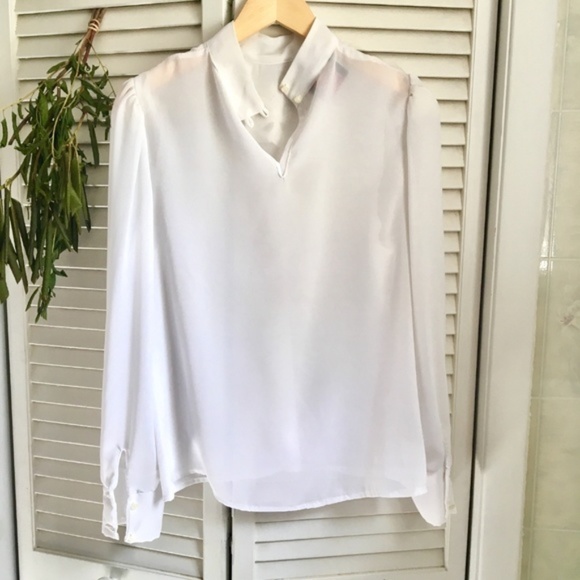 {Vintage} White Puff Sleeve High Neck Sheer Blouse - Picture 4 of 8